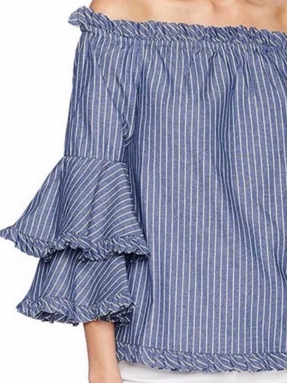 Striped Chambray Tiered Sleeve Top by Beige by eci